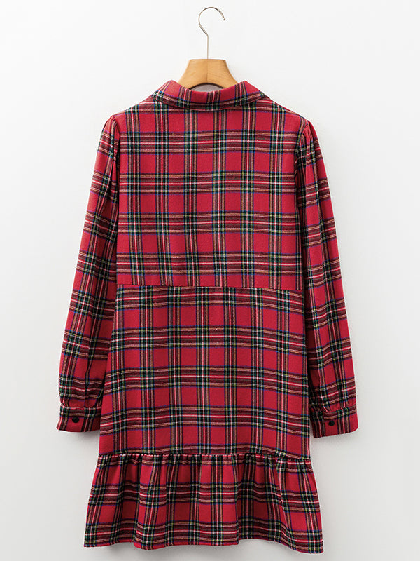 A-Line High Waisted Buttoned Plaid Pleated Pockets Lapel Mini Dresses