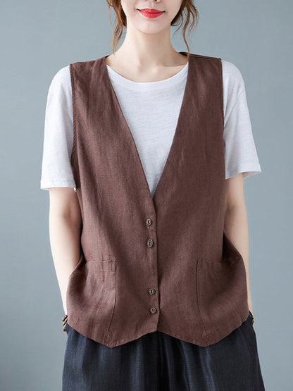 Simple Loose V-Neck Solid Color Vest