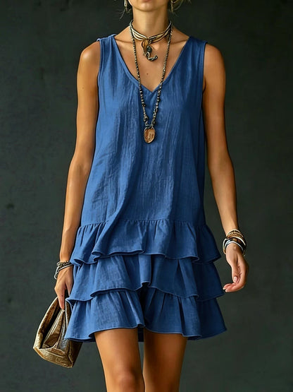 Loose Sleeveless Layered Solid Color V-Neck Mini Dresses