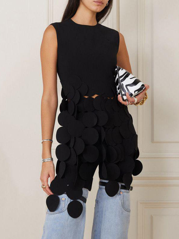 Haut sans manches à pois, couleur unie, col rond, pompons fendus 