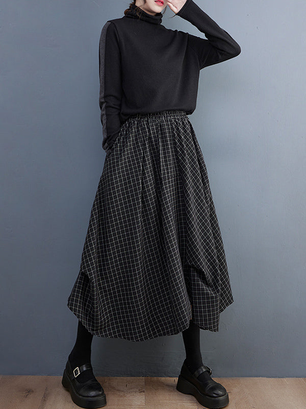 Loose Irregular Clipping Plaid Asymmetric Elasticity Skirts Bottoms