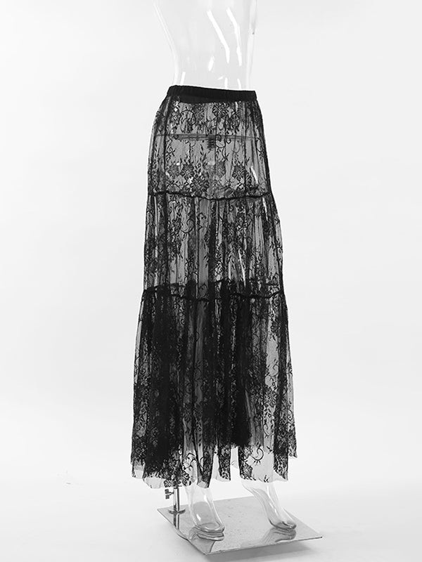 A-Line High Waisted Elasticity Hollow Jacquard Mesh See-Through Split-Joint Skirts Bottoms