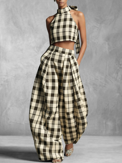 Contrast Color Plaid Printed Tied Stand Collar Cropped Blouses&Shirts Tops + Pleated Pockets High Waisted Pants Trousers Two Pieces Set