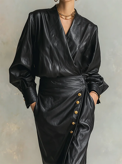 Long Sleeves Puff Sleeves Buttoned Pleated Solid Color V-Neck Midi Dresses