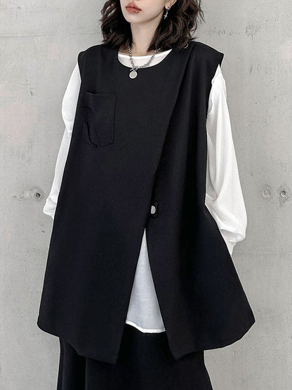 Débardeur ample sans manches à col rond et fermeture éclair asymétrique 