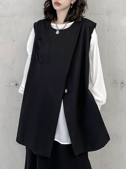 Loose Sleeveless Asymmetric Zipper Round-Neck Vest Top