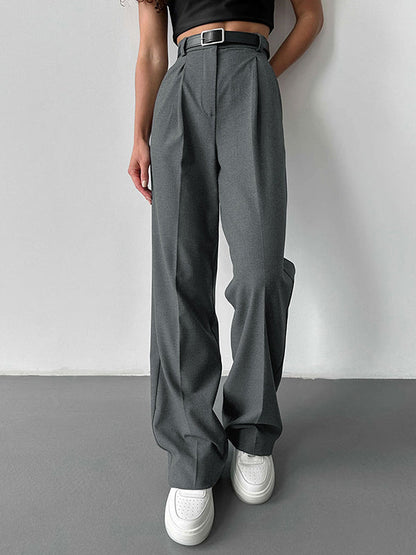 High Waisted Loose No Belt Solid Color Suit Pants Trousers