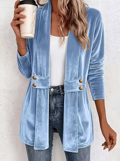 Velvet Solid Color Buttoned Loose Long Sleeves Collarless Outerwear