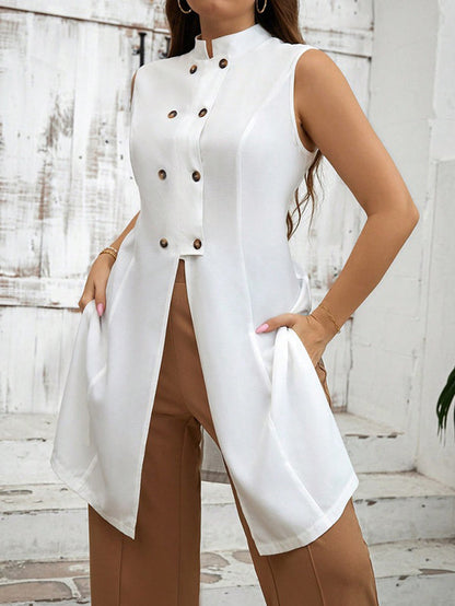 A-Line Loose Buttoned Solid Color Split-Front Split-Side Stand Collar Vest Top