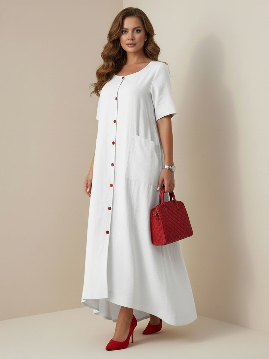 Column Loose Buttoned Contrast Color Pockets Split-Joint Square-Neck Maxi Dresses Shirt Dress