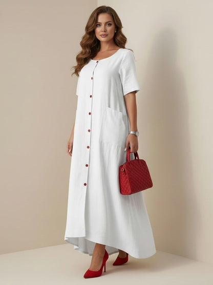 Column Loose Buttoned Contrast Color Pockets Split-Joint Square-Neck Maxi Dresses Shirt Dress