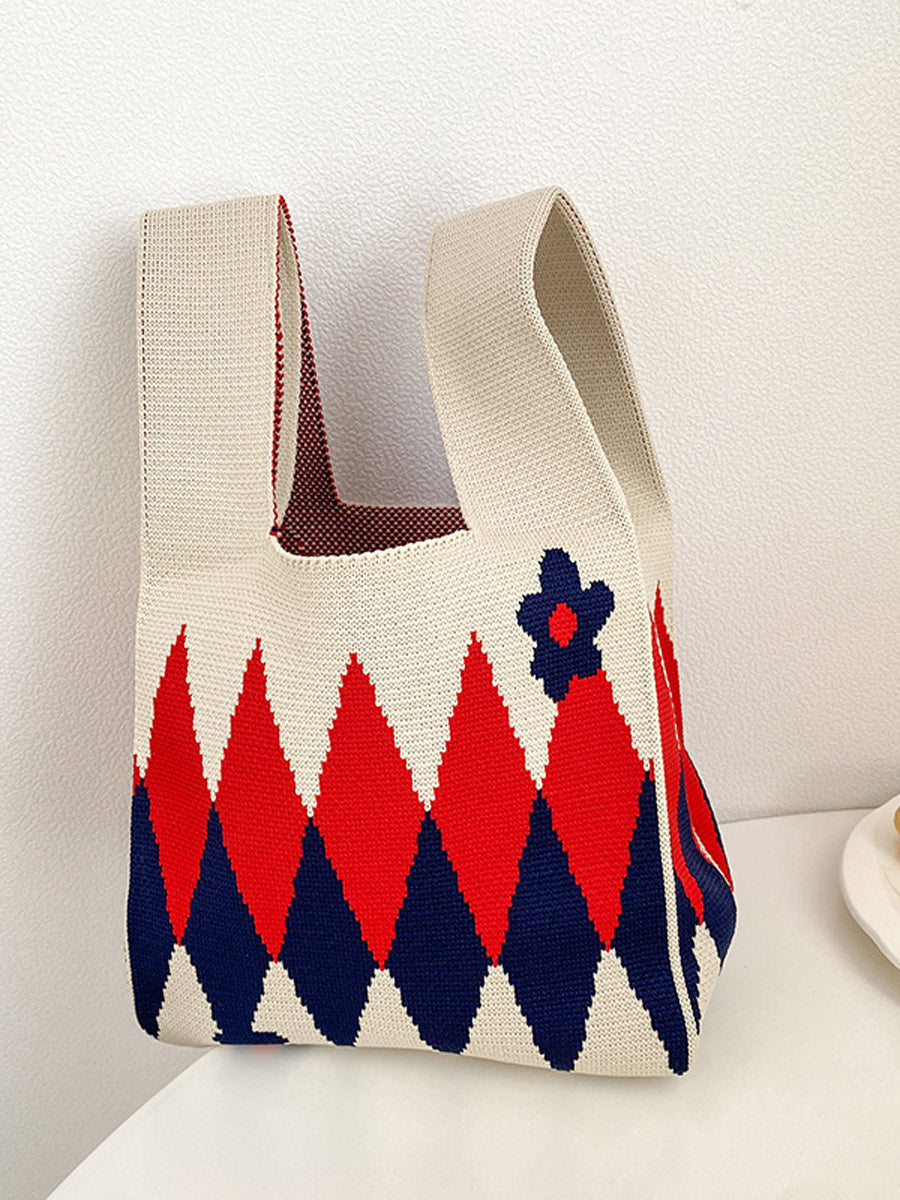 Knitted Flower Contrast Color Satchels Bags