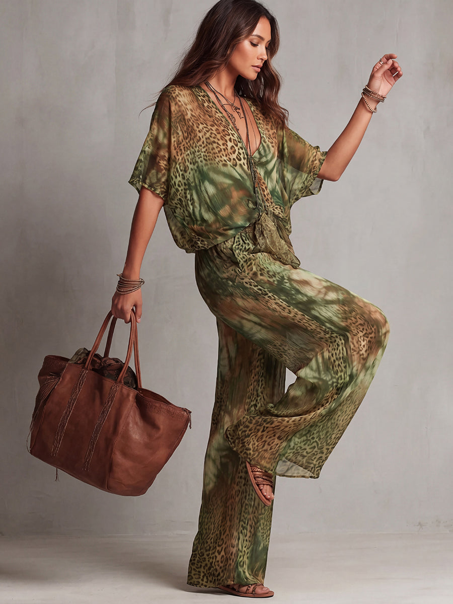 Half Sleeves Loose Contrast Color Knot Leopard Printed See-Through Deep V-Neck Blouses&Shirts Tops