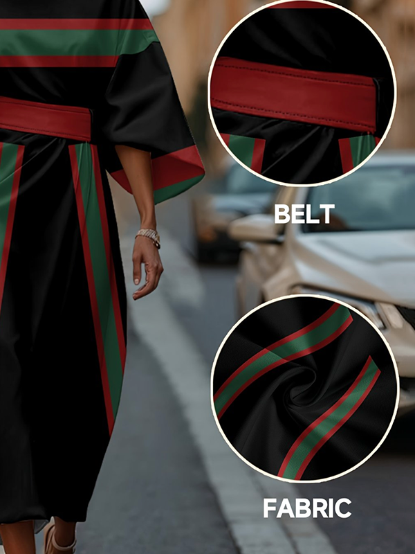 Batwing Sleeves Elasticated Waist Contrast Color Split-Joint Striped Round-Neck Midi Dresses
