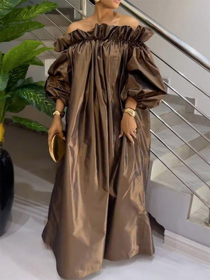 Loose Plus Size Falbala Pleated Solid Color Off-The-Shoulder Maxi Dresses