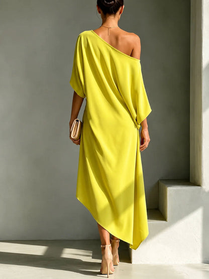 Solid Color Buttoned Backless Asymmetric Loose High-low One-shoulder Maxi Dresses