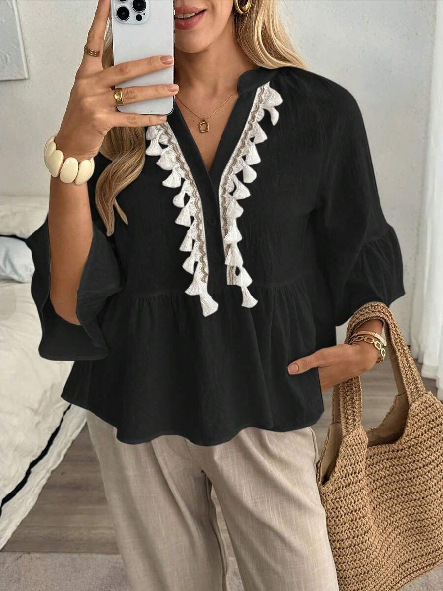 Tasseled Split-Joint Pleated Contrast Color Buttoned Loose Long Sleeves V-neck Blouses&shirts Tops