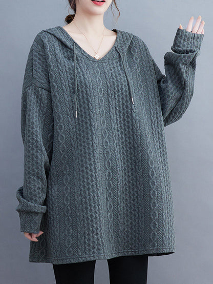Solid Color Drawstring Loose Long Sleeves Hooded Hoodies Tops