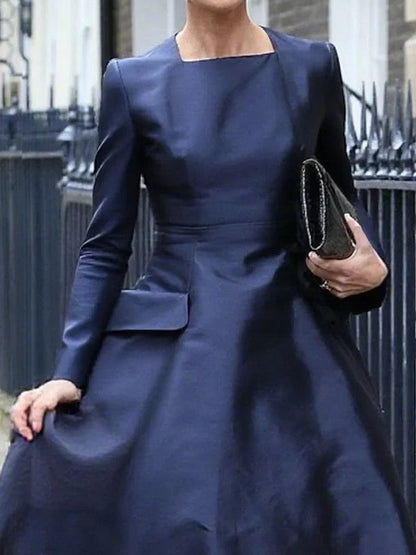 A-Line High Waisted Pockets Solid Color Square-Neck Midi Dresses