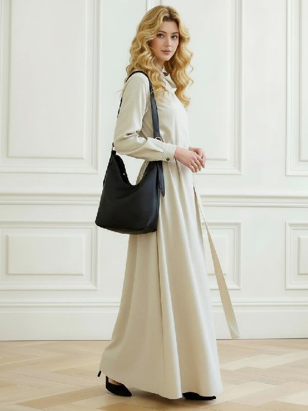 Long Sleeves Belted Solid Color Heaps Collar Maxi Dresses