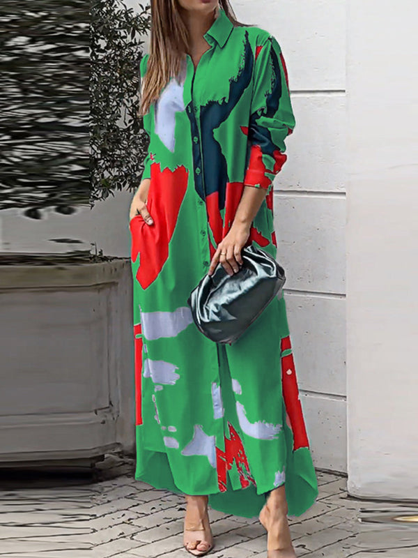 Lockeres, gewickeltes Hemdkleid mit Knöpfen, kontrastfarbenen Taschen, bedrucktem Schlitz an der Seite 