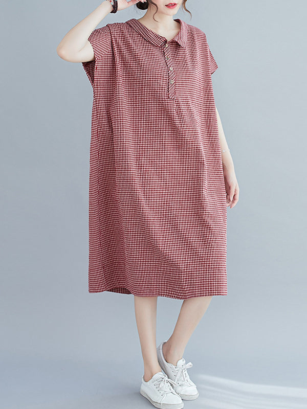 Robe mi-longue à carreaux ample et boutonnée, style rétro artistique 