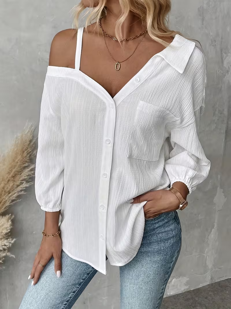 Long Sleeves Loose Buttoned Pockets Solid Color One-Shoulder Blouses&Shirts Tops