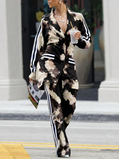 Tie Dye Striped Pockets Contrast Color Wide Leg High Waisted Trousers Pants