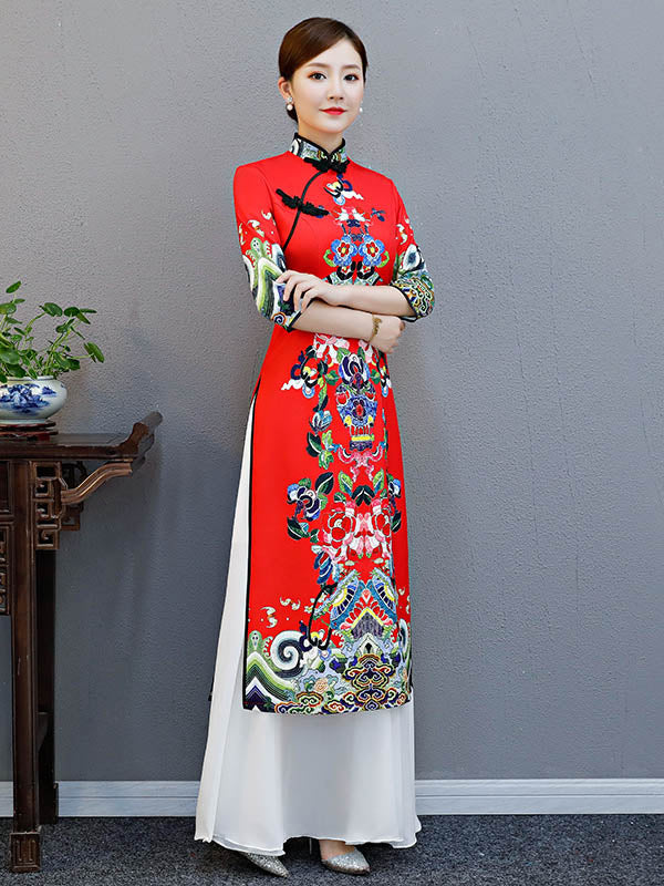 Red Split-Joint Seven-Quarter Sleeves Ao Dai Long Cheongsams