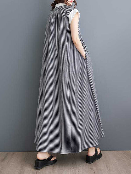 Cap Sleeve Loose Buttoned Striped Lapel Maxi Dresses Shirt Dress