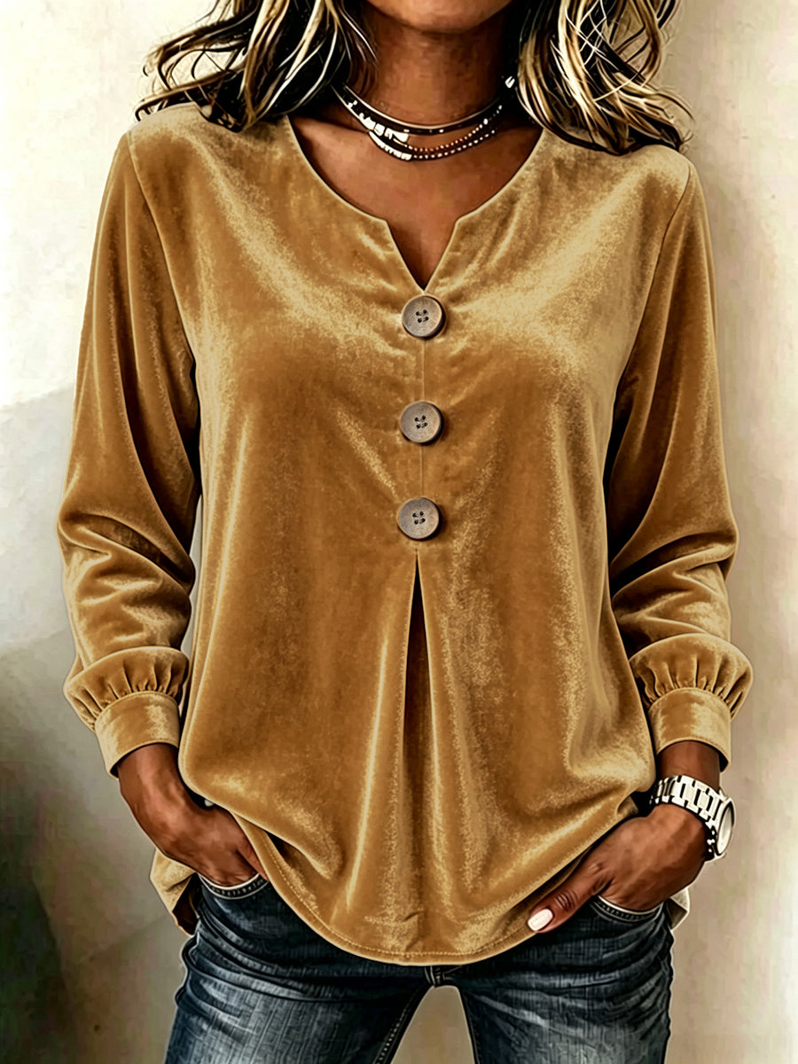 Velvet Solid Color Pleated Buttoned Loose Long Sleeves V-neck T-Shirts Tops