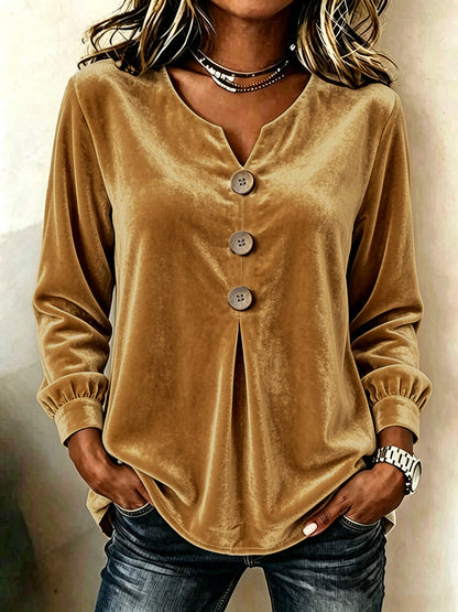 Velvet Solid Color Pleated Buttoned Loose Long Sleeves V-neck T-Shirts Tops