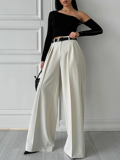 Pantalon de costume taille haute ample plissé de couleur unie à joint fendu 