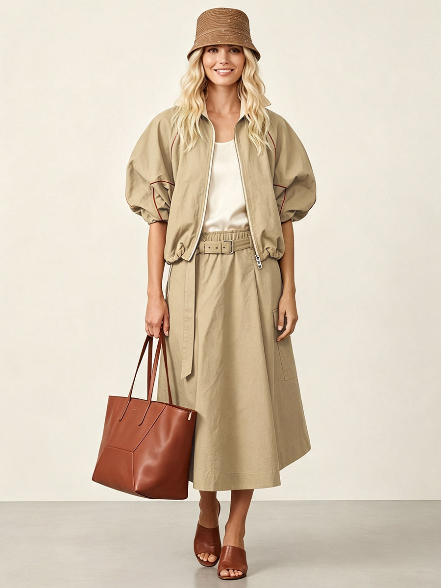 Zipper Drawstring Contrast Color Loose Half Sleeves Lapel Outerwear