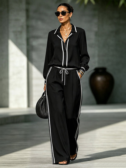 Striped Pockets Drawstring Contrast Color Wide Leg Loose Trousers Pants