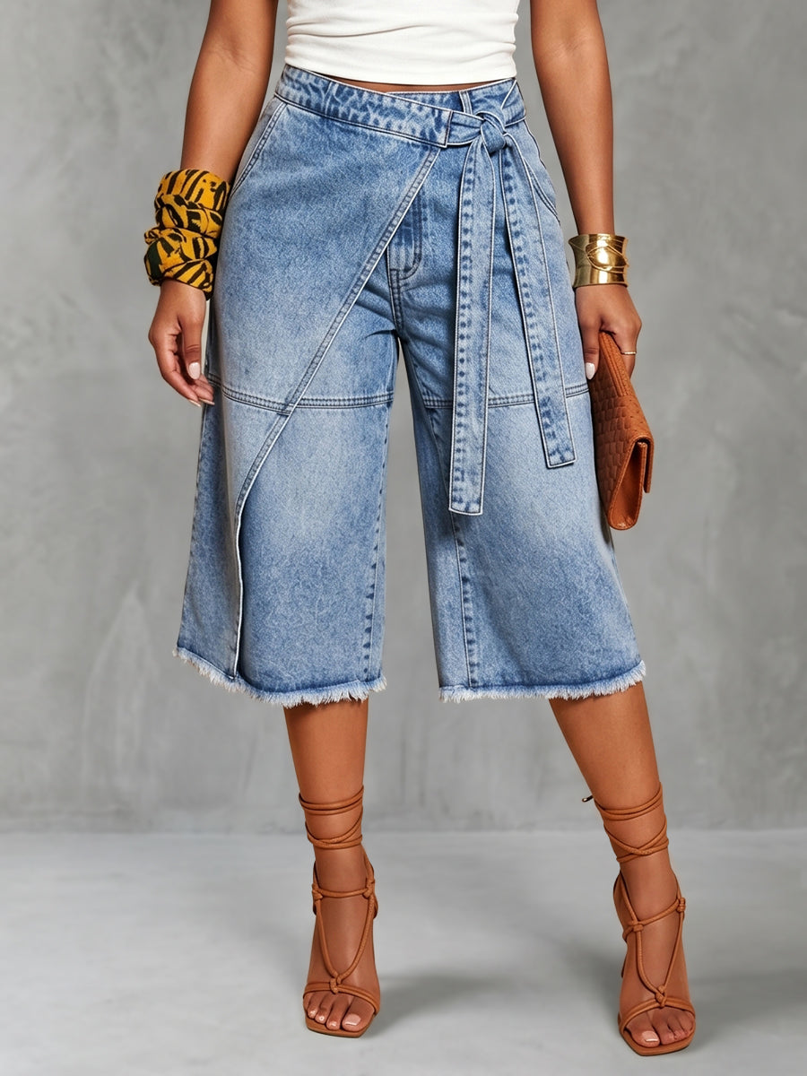 False Two High Waisted Asymmetric Fringed Pockets Tied Waist Denim Shorts