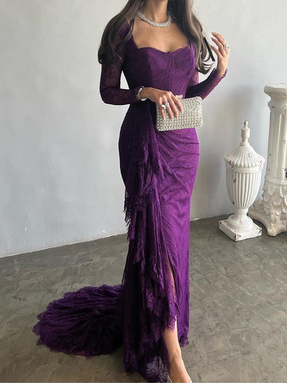 Robe de soirée longue à manches longues et col carré, en maille sirène transparente et fendue sur les côtés 