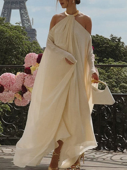 Long Sleeves Loose Solid Color Halter-Neck Maxi Dresses