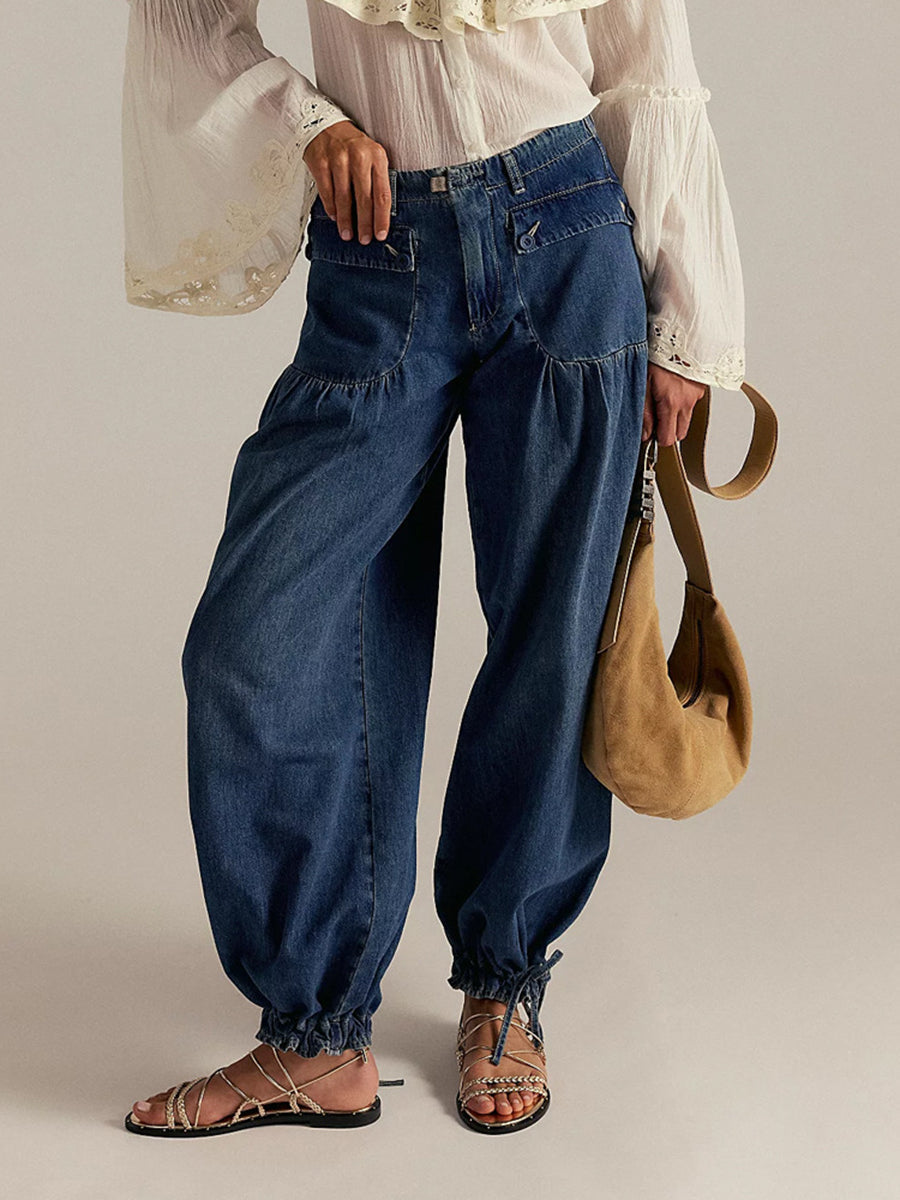 High Waisted Wide Leg Buttoned Drawstring Elasticity Pleated Pockets Solid Color Jean Pants Bottoms