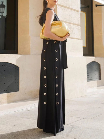 Loose Sleeveless Hollow Split-Joint Split-Side Streamer Deep V-Neck Vest Outerwear