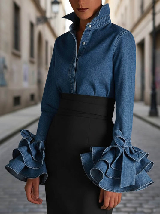 Flared Sleeves Long Sleeves Buttoned Ruffled Split-Joint Stand Collar Blouses&shirts Tops