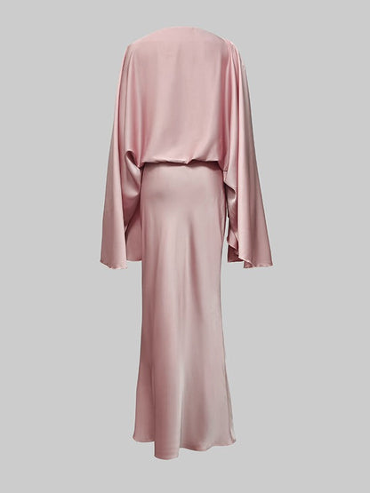 Batwing Sleeves Loose Solid Color Split-Joint Round-Neck Evening Dresses Maxi Dresses