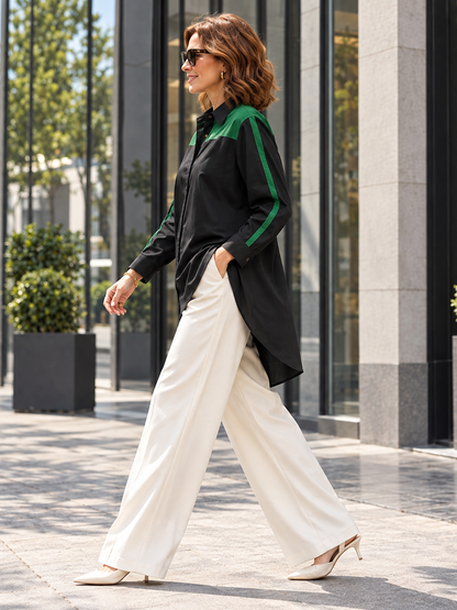 Split-Joint Contrast Color Buttoned Loose Long Sleeves Lapel Blouses&shirts Tops