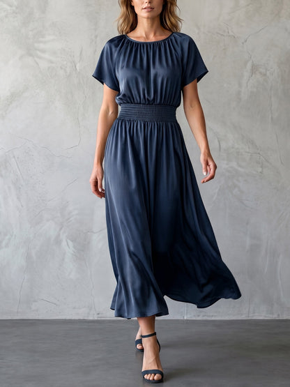 Batwing Sleeves High Waisted Elasticity Solid Color Round-Neck Maxi Dresses