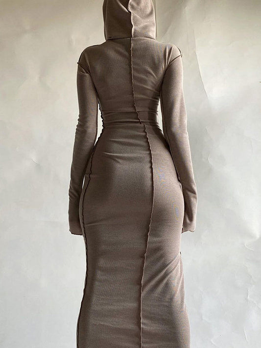 Robe longue fendue à capuche et manches longues, grande taille, couleur unie 