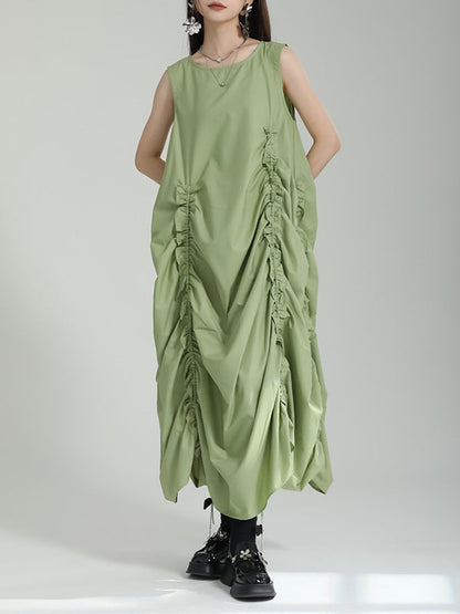 Robe mi-longue ample sans manches, asymétrique, élastique, plissée, couleur unie, col rond 