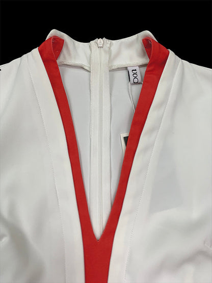 Robe longue moulante à manches longues et col en V profond, couleur contrastée, plissée et élastique 