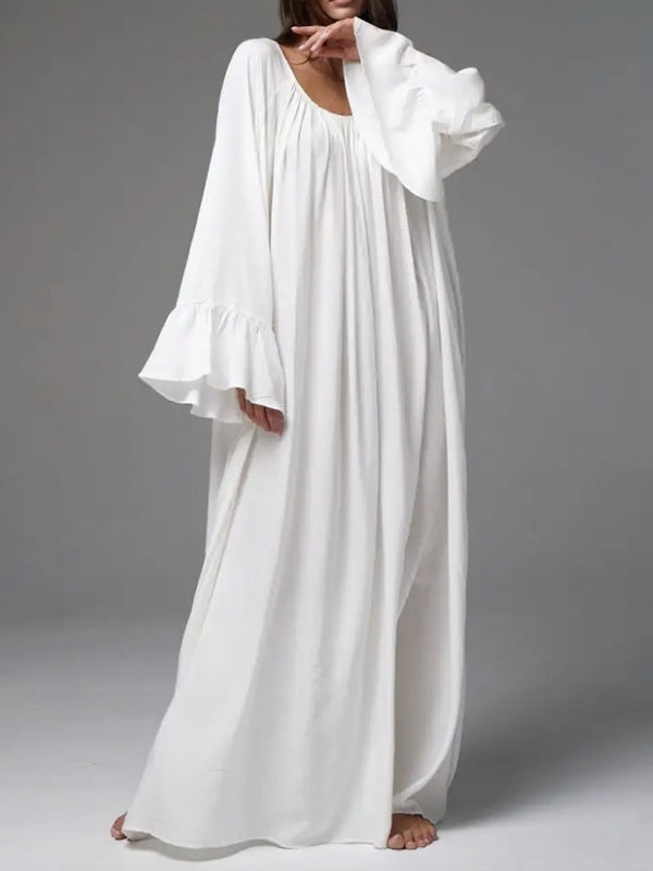 A-Line Flared Sleeves Pleated Solid Color Split-Joint Round-Neck Maxi Dresses