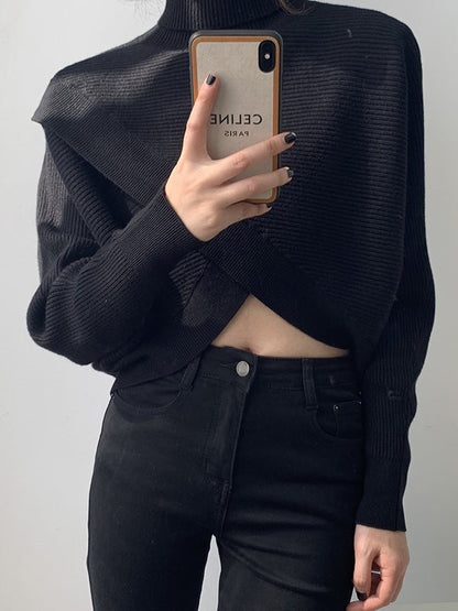 Long Sleeves Asymmetric Solid Color Split-Front High-Neck Knitwear Pullovers Sweater