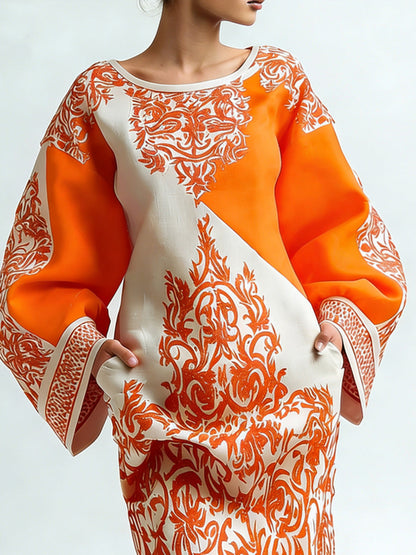 Long Sleeves Loose Contrast Color Flower Print Pockets Round-neck Mini Dresses